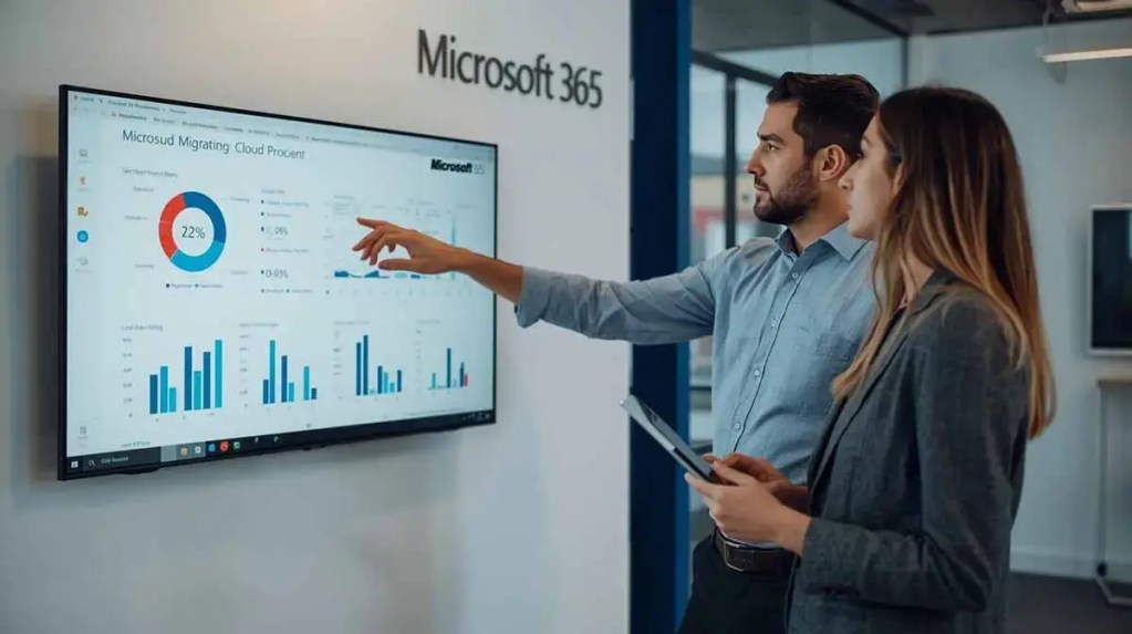 Dos profesionales analizando estadísticas de migración en la pantalla de un monitor con gráficos y datos relacionados con la nube en un entorno de oficina.
