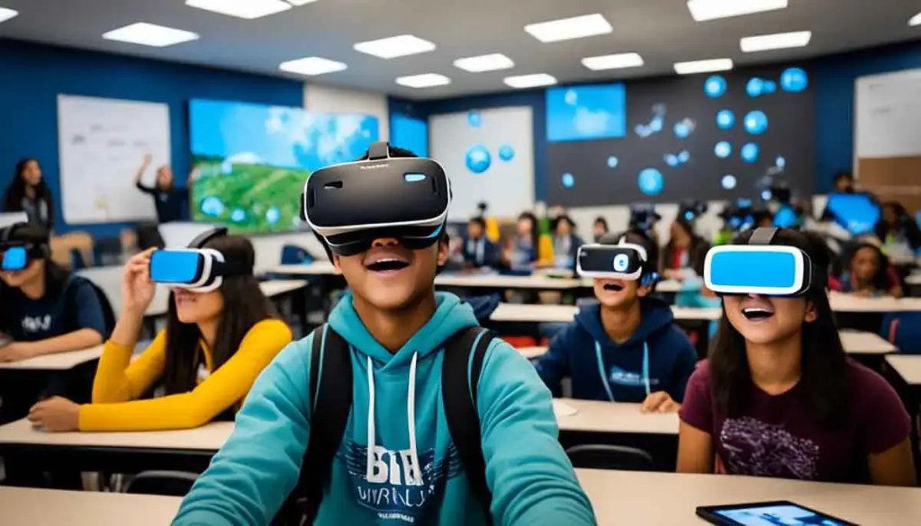 Estudiantes usando gafas de realidad virtual en un aula, mostrando alegría y entusiasmo mientras participan en una experiencia educativa innovadora.