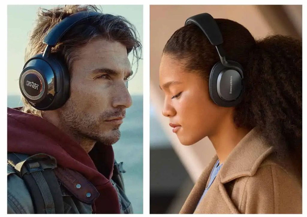 Hombre y mujer usando auriculares de marcas de audio premium, con un fondo desdibujado que muestra un paisaje natural y urbano.