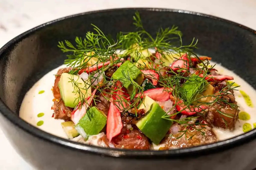 Plato de comida peruana con carne, aguacate, rodajas de rábanos y hierbas frescas servido en un tazón oscuro.