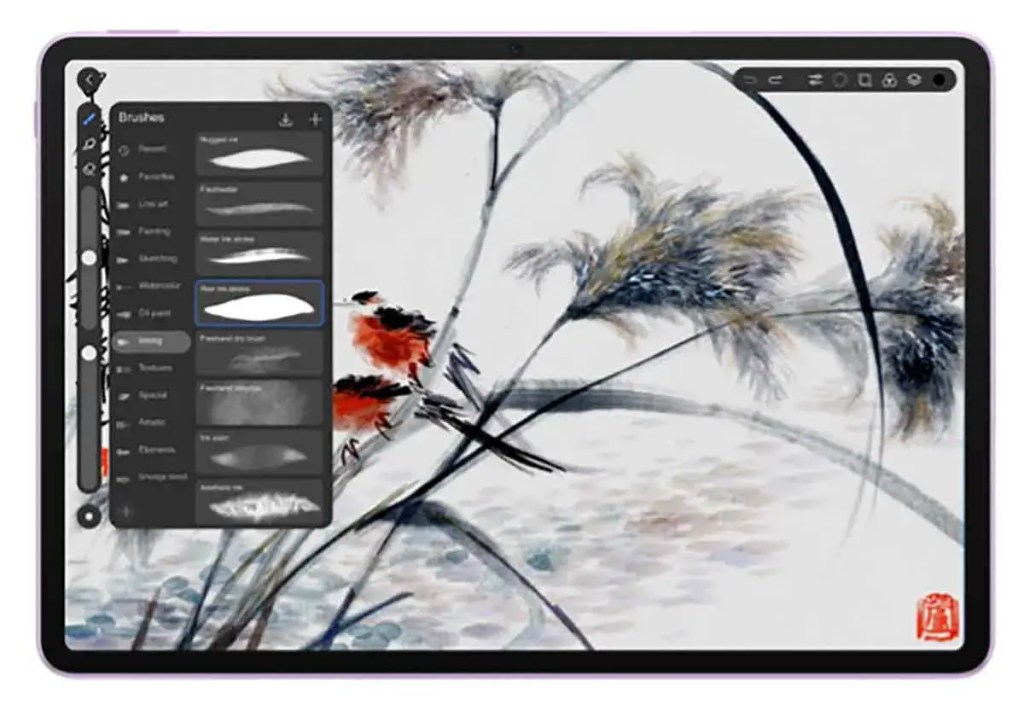 Pantalla de la HUAWEI MatePad 11.5" 2025 mostrando la aplicación GoPaint, con un menú de pinceles y una ilustración de una planta.