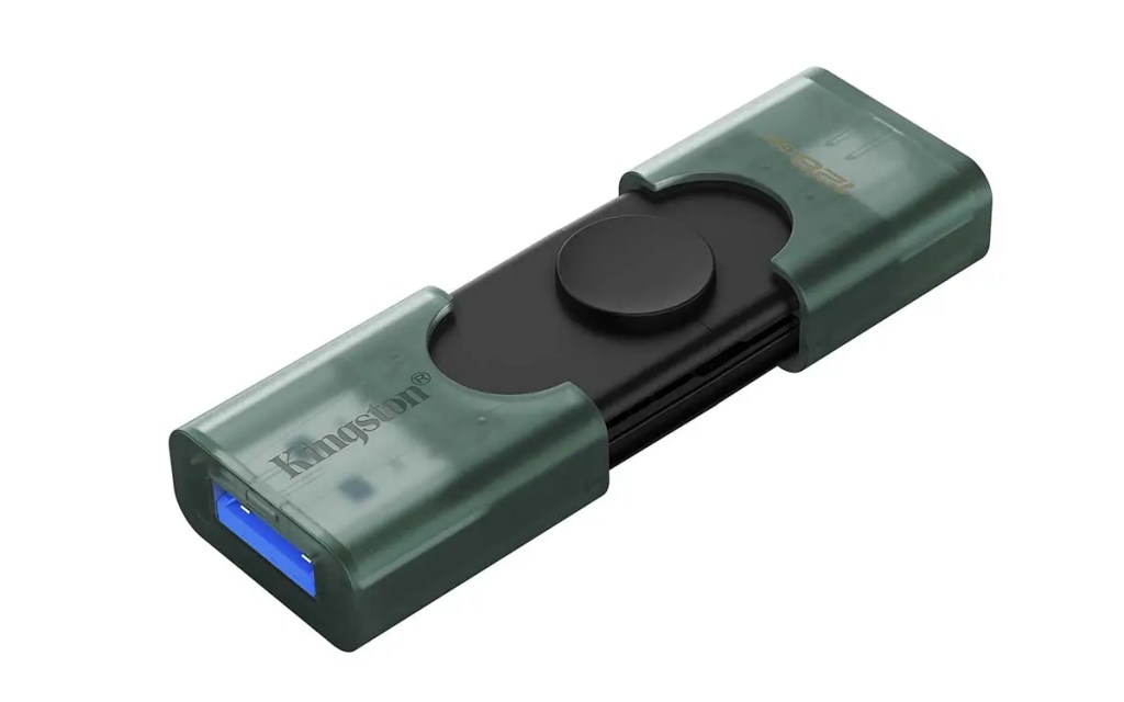 Pendrive Kingston DataTraveler DUO con conectores duales USB Type-A y Type-C, color negro y transparente, para almacenamiento y transferencia de datos.