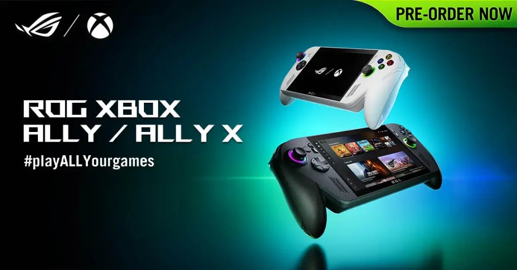 Imagen promocional de las consolas portátiles ROG Xbox Ally y ROG Xbox Ally X, mostrando el modelo blanco en la parte superior y el modelo negro en la parte inferior, con el texto 'ROG XBOX ALLY / ALLY X' y el hashtag '#playALLYourgames'.