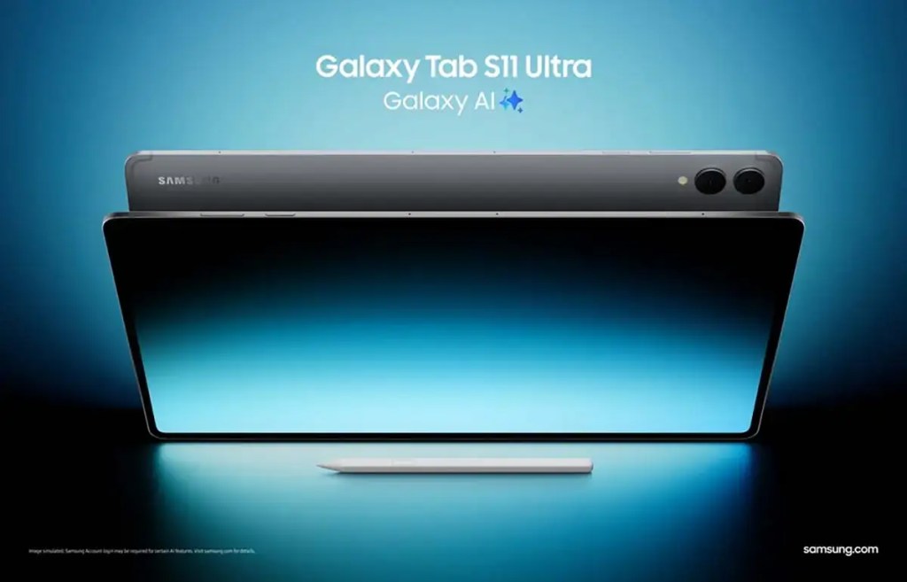Imagen promocional de la Galaxy Tab S11 Ultra de Samsung, mostrando la tablet con un diseño delgado y elegante, junto con el S Pen en un fondo degradado azul.