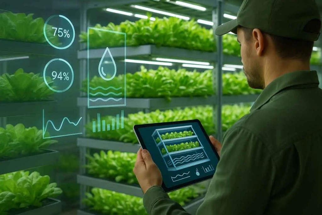 Persona sosteniendo una tablet mientras observa plantas en un sistema de agricultura vertical; gráficos digitales sobre la gestión del agua y eficiencia se muestran en la pantalla.