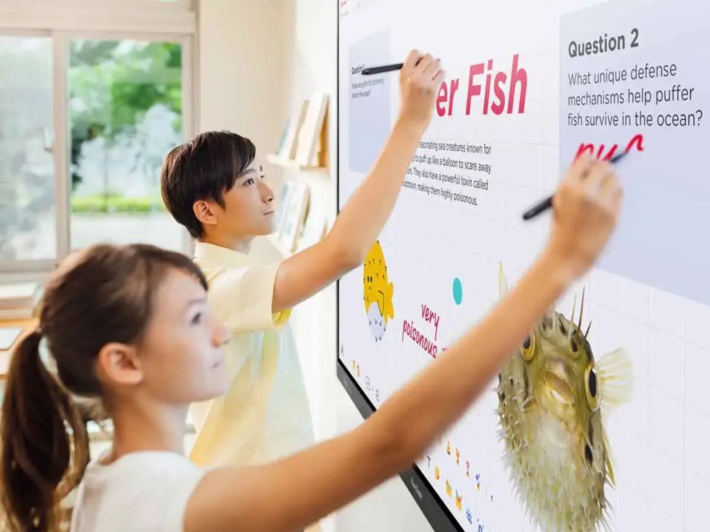 Dos estudiantes interactuando con una pantalla táctil en un entorno educativo, escribiendo y dibujando sobre contenido relacionado con peces globo.