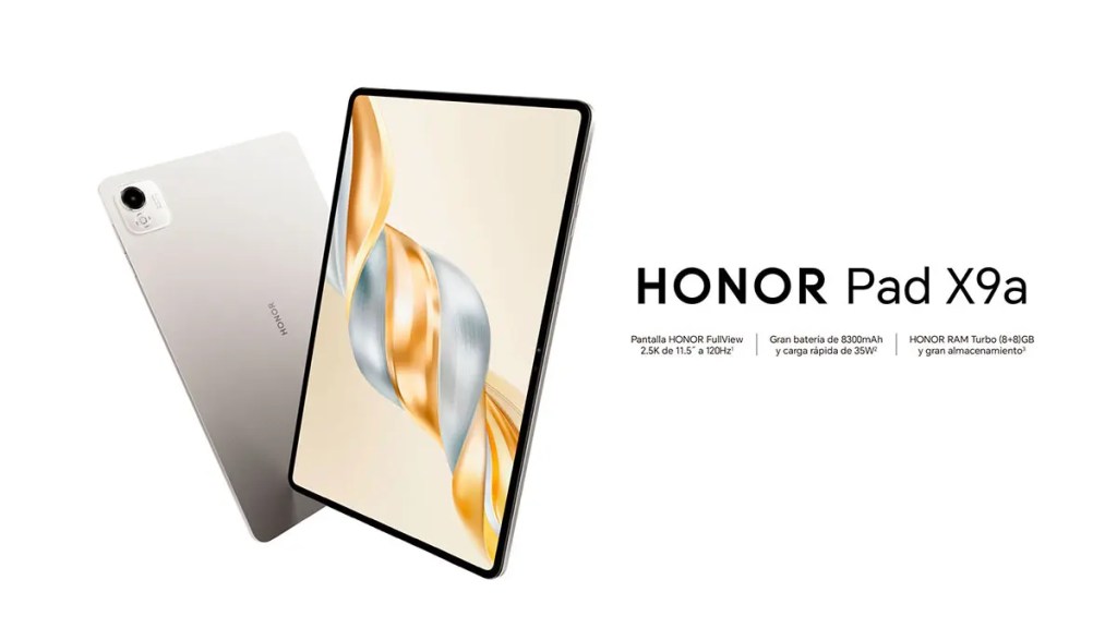 Imagen del HONOR Pad X9a que muestra su diseño elegante y la pantalla grande con bordes delgados. Incluye características destacadas como la pantalla HONOR FullView de 11.5 pulgadas, batería de 8300mAh y tecnología RAM Turbo.