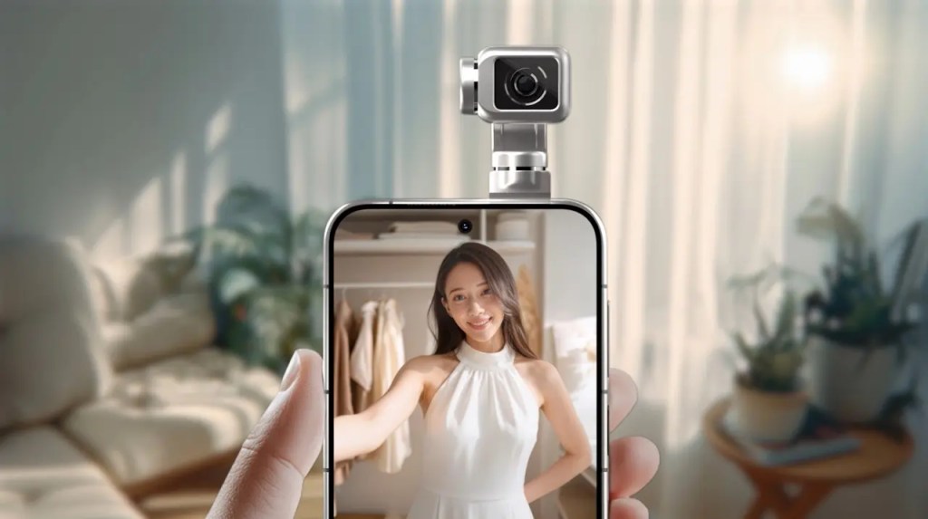 Una persona sostiene un teléfono inteligente con un diseño innovador mostrando su cámara emergente, en un ambiente luminoso y moderno.
