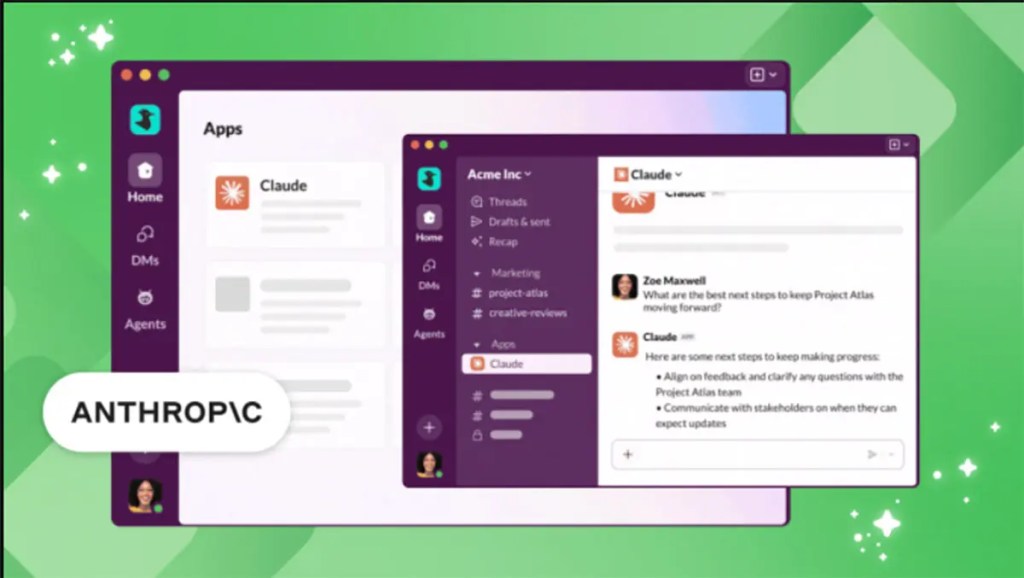 Interfaz de usuario de Slack mostrando la integración de Claude de Anthropic, con ventanas de conversación y opciones de aplicación en un fondo verde.