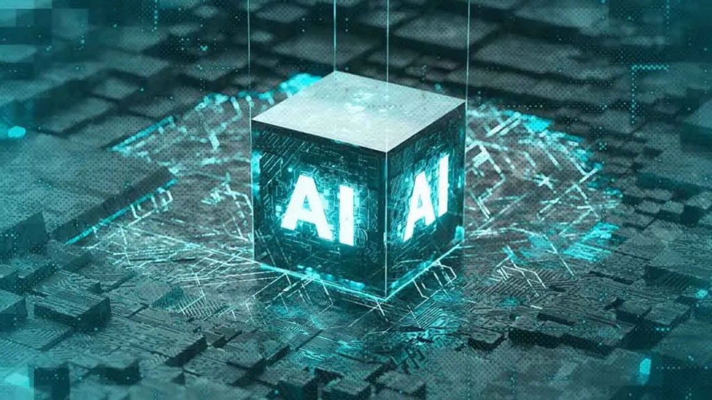 Un cubo con la inscripción 'AI' iluminada, flotando sobre un fondo de circuitos y tecnología digital, simbolizando la inteligencia artificial.