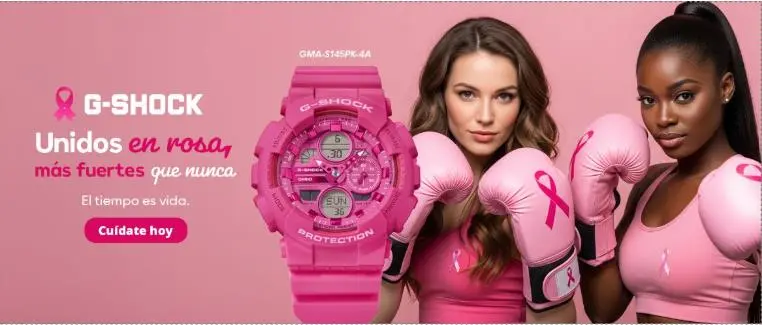 Imagen promocional del reloj G-SHOCK GMA-S145PK en rosa, acompañado de dos mujeres en vestimenta de boxeo rosa, con guantes de boxeo y cintas de la campaña Pink Ribbon. Texto que destaca la unión en rosa y el apoyo a la lucha contra el cáncer de mama.