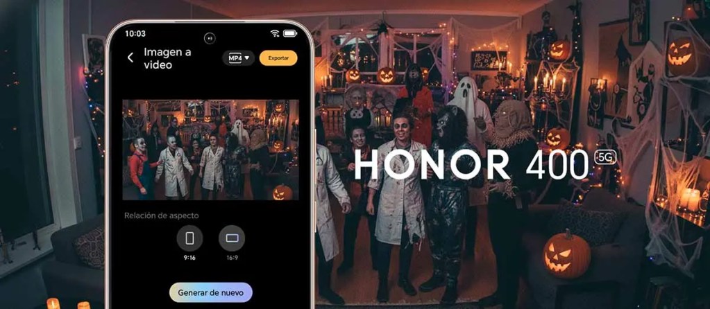 Interfaz del HONOR 400 mostrando la función 'Imagen a video' junto a un grupo de personas disfrazadas en un ambiente festivo de Halloween, con decoraciones de calaveras y calabazas.