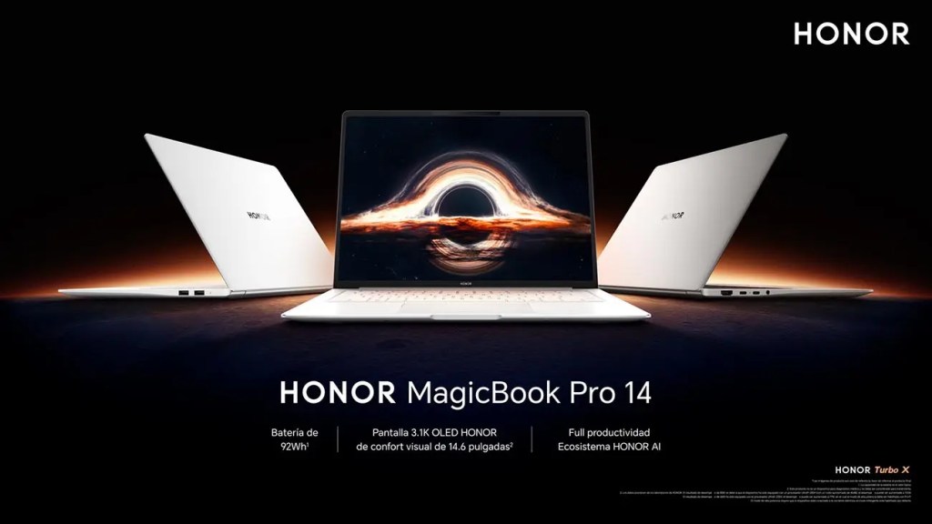Imagen del HONOR MagicBook Pro 14, una laptop delgada con pantalla OLED de 14.6 pulgadas, mostrando su diseño elegante y especificaciones destacadas como batería de 92Wh y tecnologías avanzadas de confort visual.