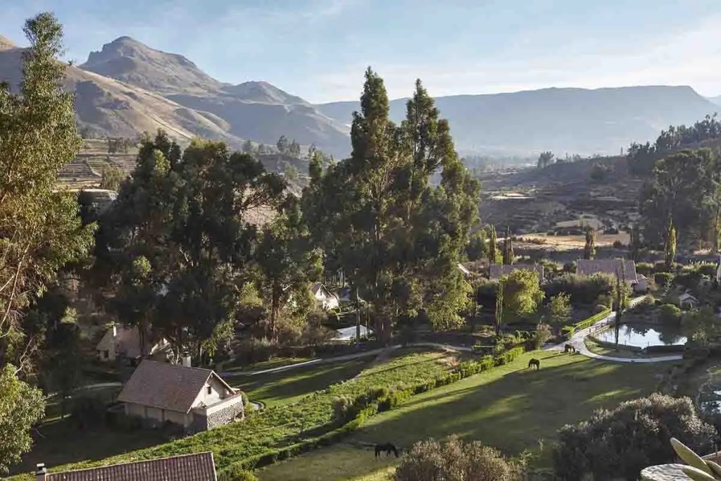 Vista panorámica del Cañón del Colca en Arequipa, Perú, con casas en un entorno natural y montañas al fondo.