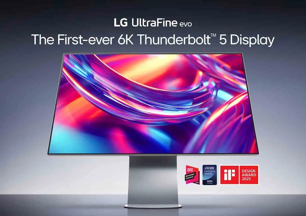 Imagen del monitor LG UltraFine evo, el primer monitor 6K con conectividad Thunderbolt™ 5. Muestra una pantalla vibrante con gráficos coloridos y un diseño minimalista. Incluye logotipos de premios de innovación y diseño.