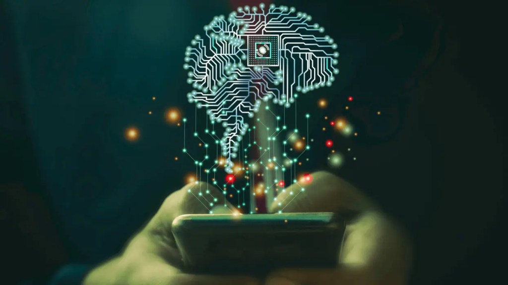 Mano sosteniendo un teléfono inteligente, con un gráfico digital de un cerebro compuesto de circuitos y luces brillantes fluyendo desde la pantalla.