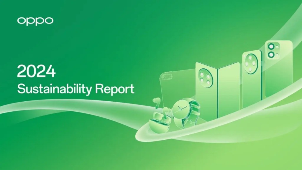 Imagen del Informe de Sostenibilidad 2024 de OPPO, con un fondo verde y varios dispositivos tecnológicos como smartphones, auriculares y un reloj inteligente mostrados en un diseño moderno.