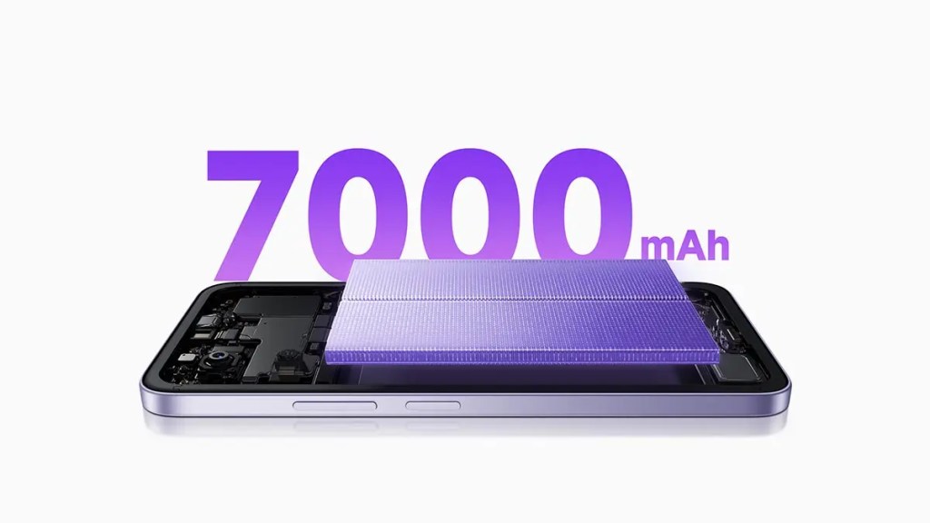 Batería de 7000 mAh destacada sobre un fondo blanco con detalles del dispositivo Xiaomi Redmi 15.