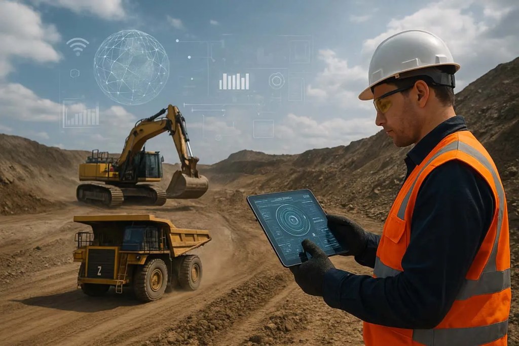 Un trabajador de la minería observa datos en una tablet mientras una excavadora y un camión de carga están activos en el fondo, simbolizando la digitalización y automatización en el sector minero.