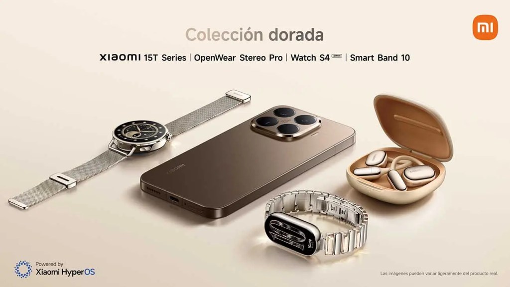 Imagen de productos de la colección dorada de Xiaomi, que incluye el teléfono Xiaomi 15T, los auriculares OpenWear Stereo Pro, el reloj Watch S4 y la Smart Band 10, sobre un fondo claro.