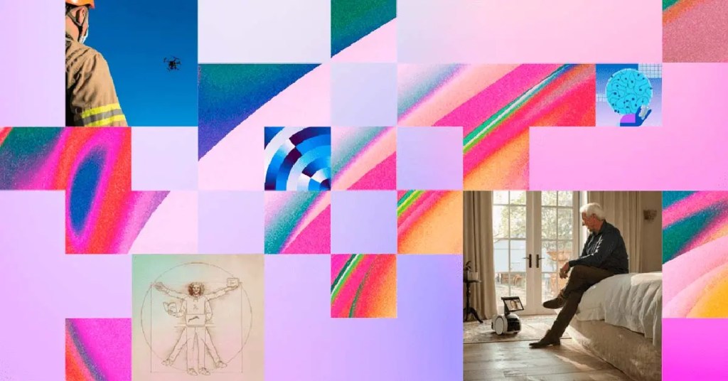 Collage representing the intersection of technology and humanity, featuring a firefighter with a drone, abstract colorful patterns, and a person seated near a robot in a domestic setting.