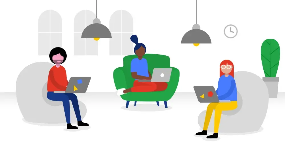 Ilustración de tres mujeres trabajando en laptops en un espacio moderno y colorido. Una mujer está sentada en un sillón verde, otra en un sofá blanco y la tercera en otro sillón blanco, todos bien iluminados con lámparas y una planta al fondo.