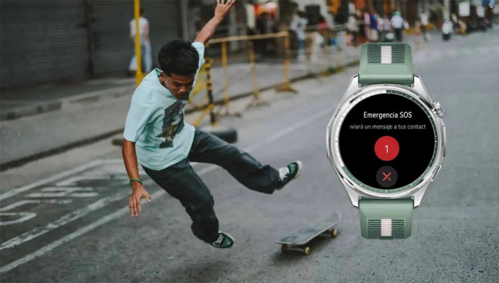 Un joven patinador a punto de caer mientras usa un smartwatch de Huawei que muestra una notificación de Emergencia SOS.