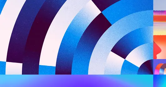Gráfico abstracto con formas geométricas en tonos azules y púrpuras que representan conceptos tecnológicos.