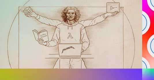 Ilustración de un hombre con múltiples brazos sosteniendo un libro, un cubo, una computadora portátil y una tablet, simbolizando el concepto de 'desarrollador renacentista' en un estilo artístico.