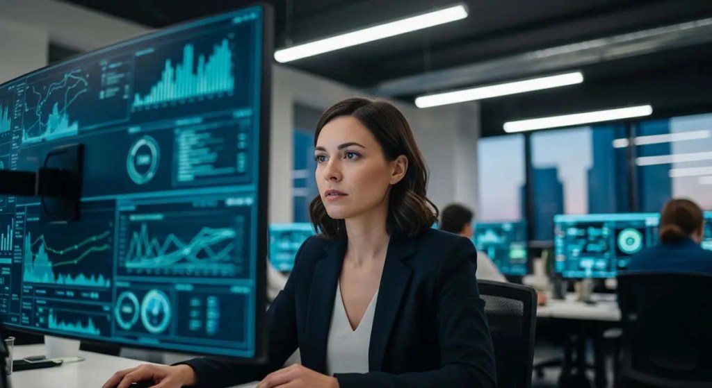Una profesional observando pantallas de datos y gráficos en un entorno de oficina moderna, centrada en la ciberseguridad.