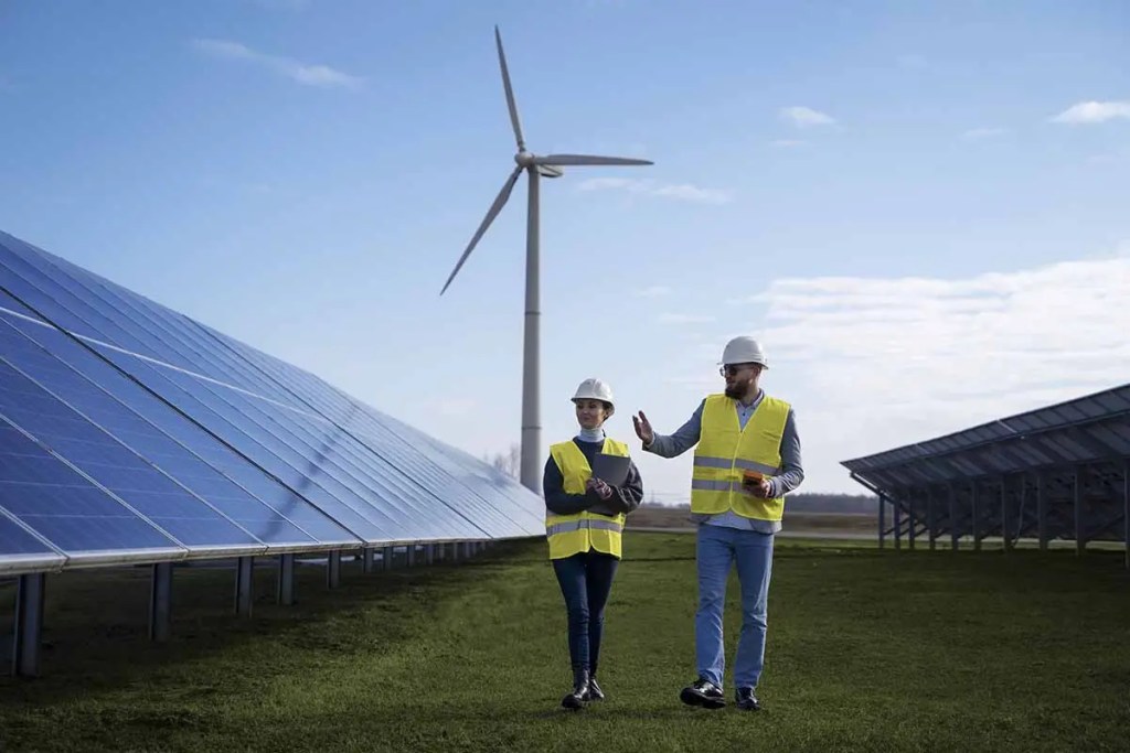 Dos profesionales conversando en un campo de paneles solares y una turbina eólica, con equipo de seguridad y chalecos reflectantes.