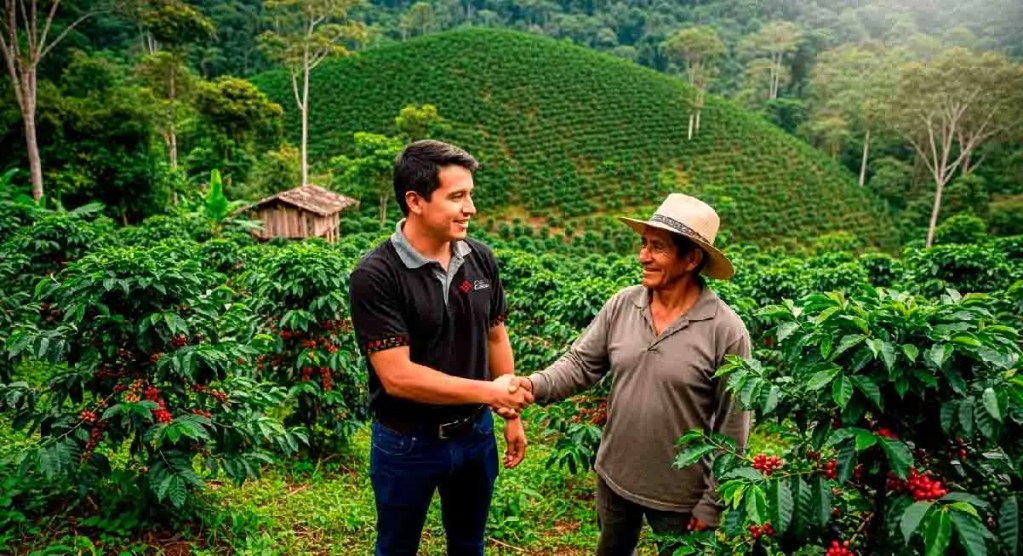 Dos hombres se dan la mano en un campo de cultivo de café rodeado de montañas verdes.