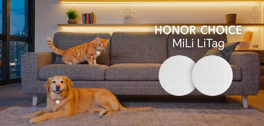 Un perro y un gato sentados en un sofá moderno junto a un localizador HONOR CHOICE MiLi LiTag, resaltando la importancia del cuidado de las mascotas.
