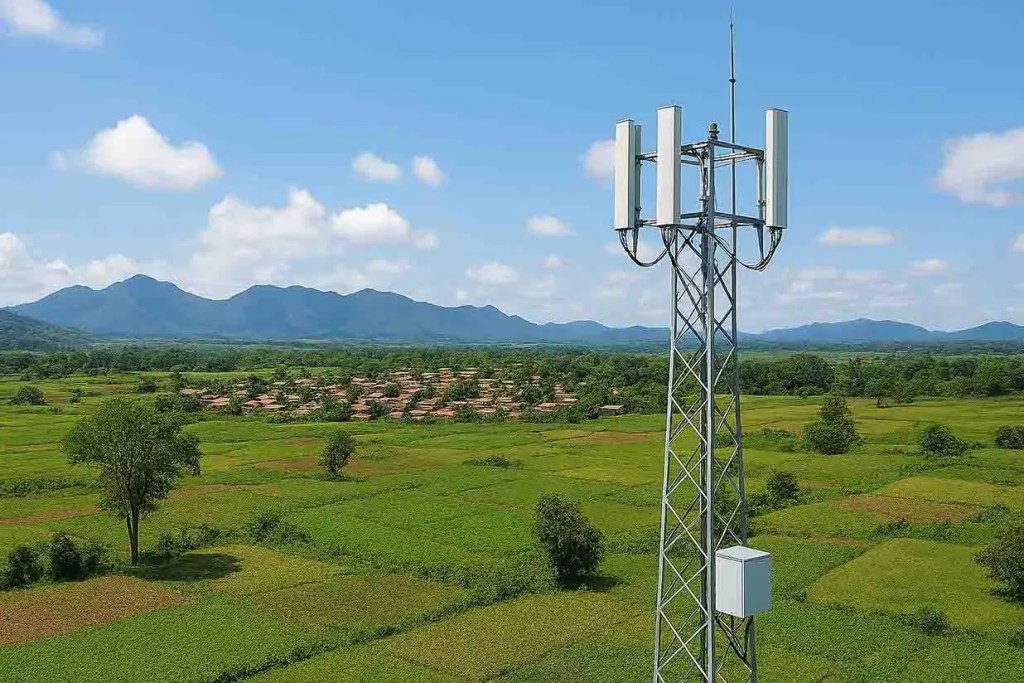 Torre de telecomunicaciones en una zona rural, con montañas y aldeas en el fondo, rodeada de campos verdes.