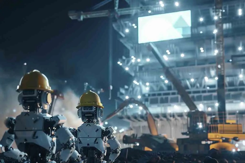 Dos robots con cascos de seguridad observan una gran obra de construcción iluminada por luces brillantes, con maquinaria pesada en funcionamiento.