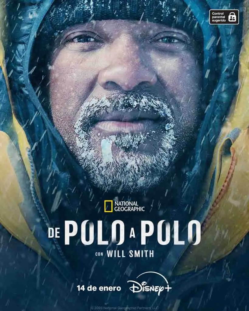 Retrato de Will Smith con su rostro cubierto de hielo y nieve, luciendo un abrigo de invierno, para la serie 'De Polo a Polo' de National Geographic.