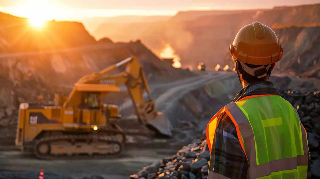 Un trabajador de la minería observa una excavadora en un entorno minero durante el amanecer.