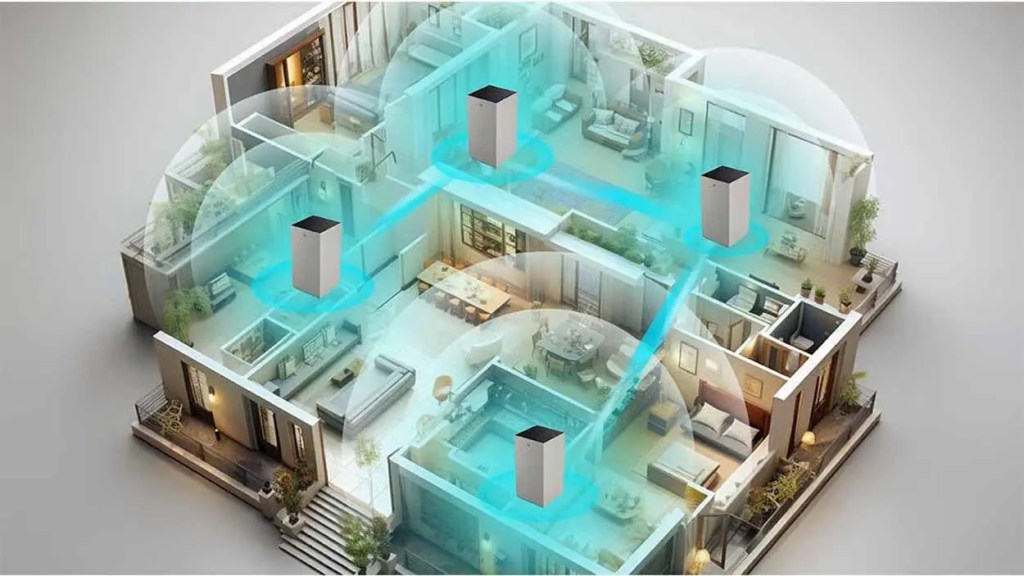 Vista en planta de una casa con dispositivos conectados, mostrando la cobertura de red a través de círculos azules.