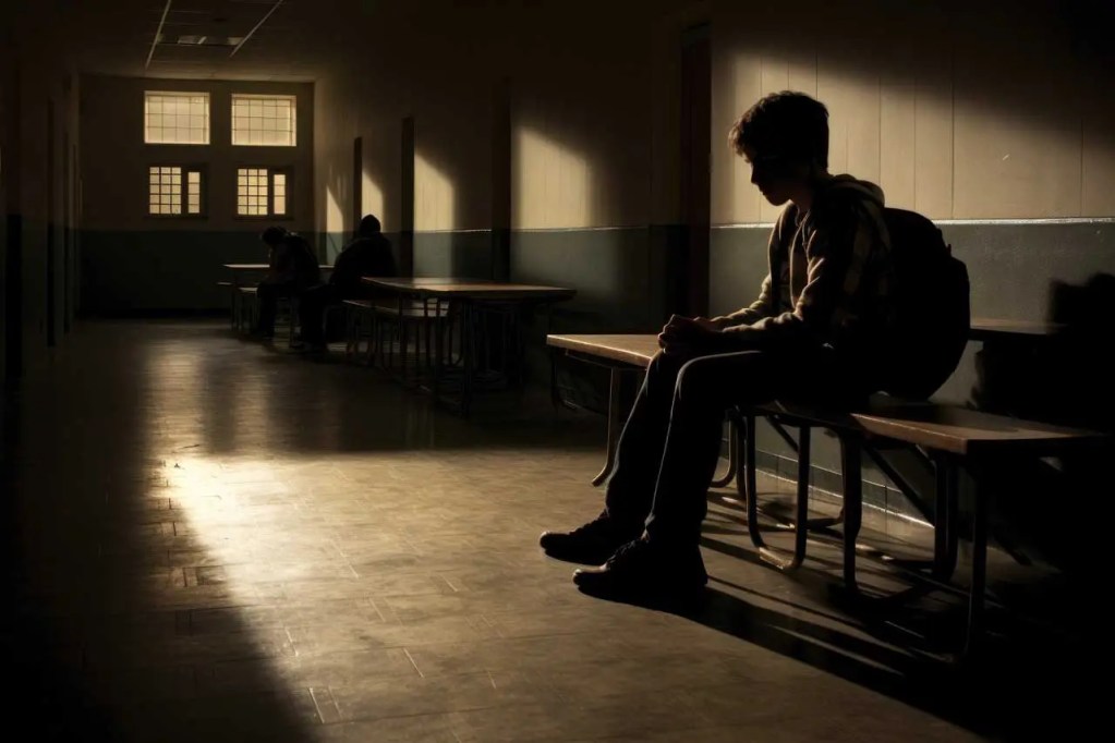 Un adolescente sentado en una banca en un pasillo oscuro, con luz tenue filtrándose a través de ventanas, mientras otros dos estudiantes están sentados al fondo.