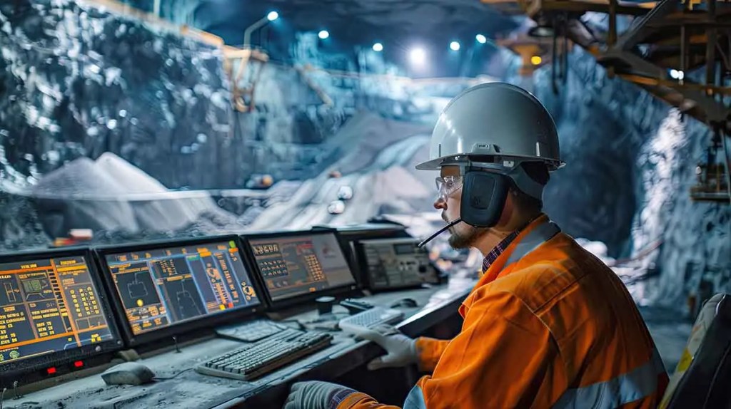 Operador de equipos de minería en un centro de control en una mina subterránea, con pantallas que muestran datos operativos.