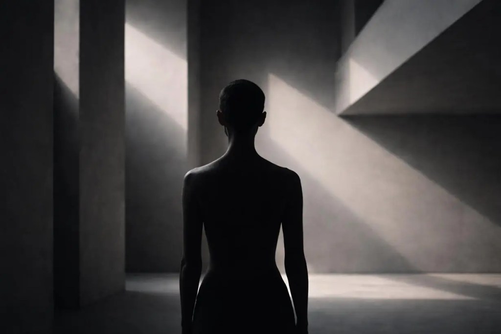 Una figura humana de espaldas en un ambiente con luz dramática y sombras, rodeada de estructuras arquitectónicas minimalistas.