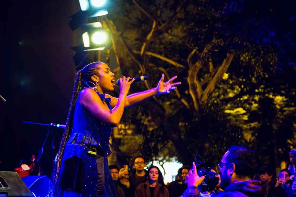 Cantante actuando en un escenario al aire libre, con iluminación nocturna, mientras un fotógrafo la captura en primer plano.