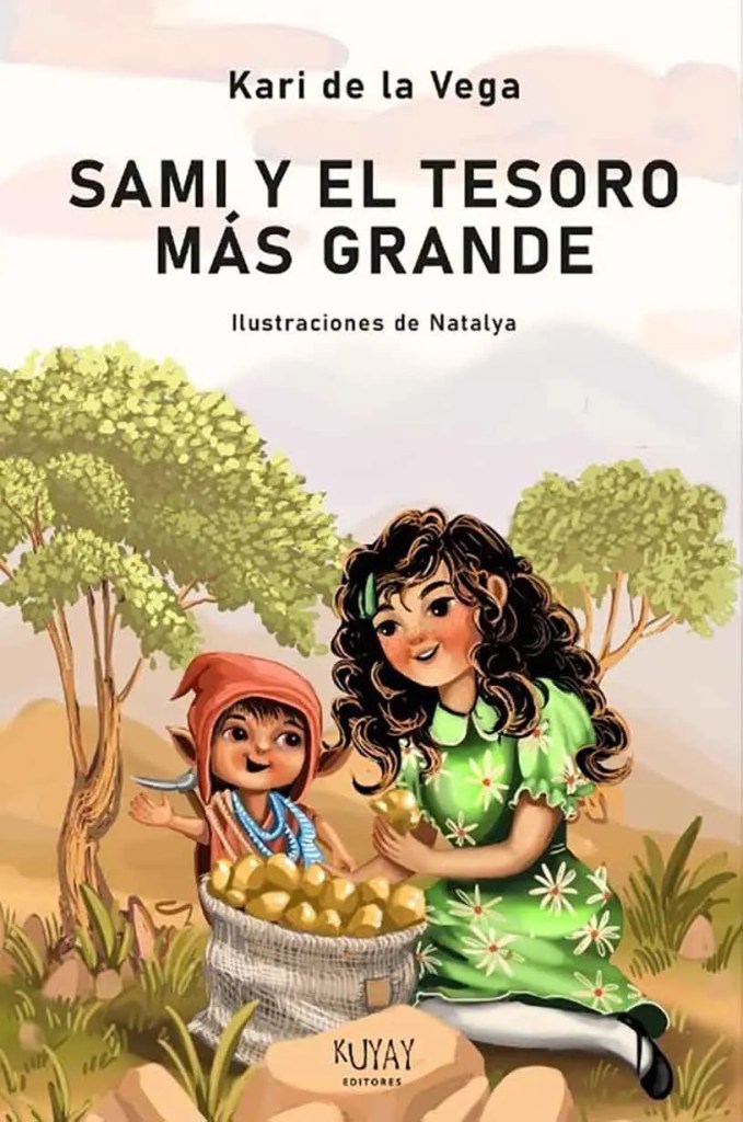 Portada del libro 'Sami y el tesoro más grande', ilustraciones de Natalya, mostrando a dos personajes en un paisaje natural. Uno de los personajes es un niño con gorra roja, y el otro es una niña con vestido verde, ambos rodeados de oro y naturaleza.