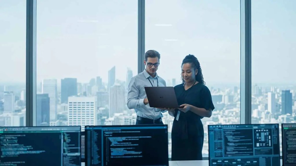 Dos profesionales de la tecnología revisan información en una laptop en una oficina moderna con vista a la ciudad.