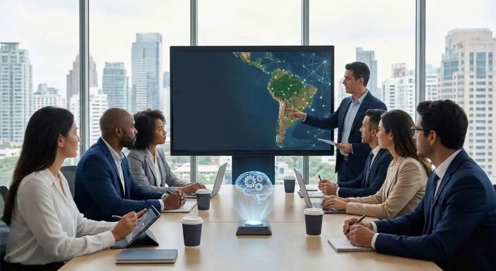Reunión de negocios en una sala con vista urbana, donde un presentador señala un mapa de América del Sur en una pantalla grande mientras los participantes observan.