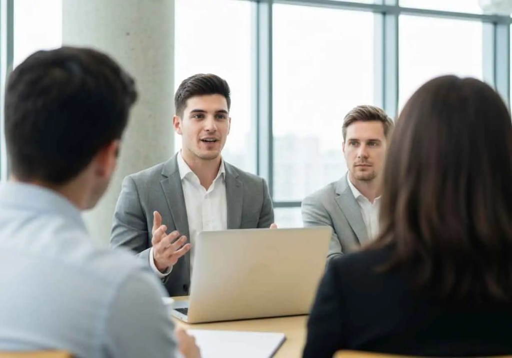 Reunión de negocios en una oficina moderna, donde un joven profesional explica algo mientras dos colegas lo escuchan atentamente, con una computadora portátil en la mesa.