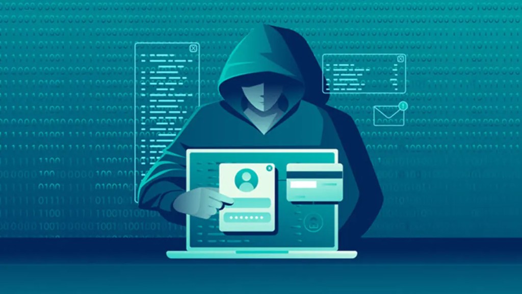 Ilustración de un hacker con capucha usando una computadora portátil, mostrando datos de usuario y una tarjeta de crédito en la pantalla, con fondo de código binario.