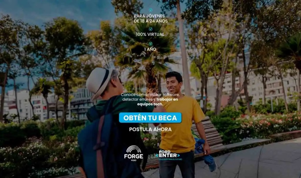 Dos jóvenes en un parque, uno con una mochila y un sombrero, conversando. Hay texto en la imagen sobre un programa de becas para aprender software.