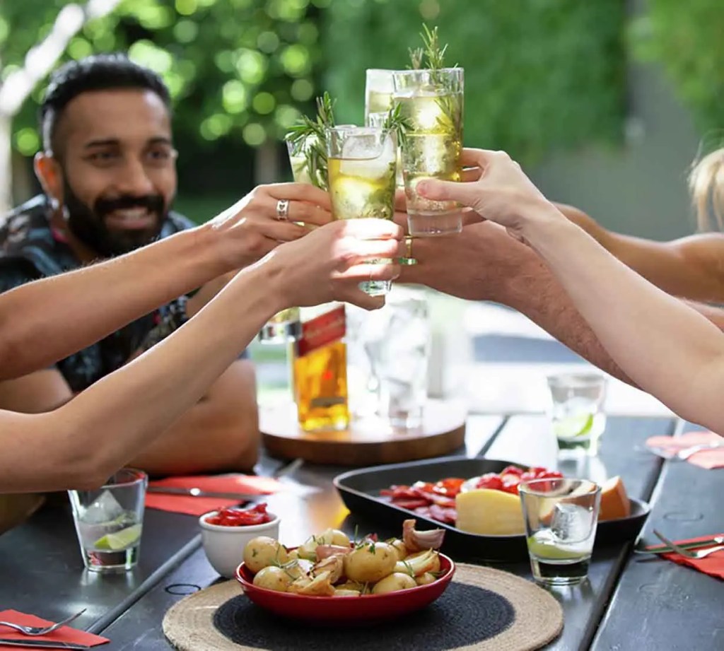 Grupo de personas brindando con copas en una mesa al aire libre, rodeados de comida y ambiente festivo.