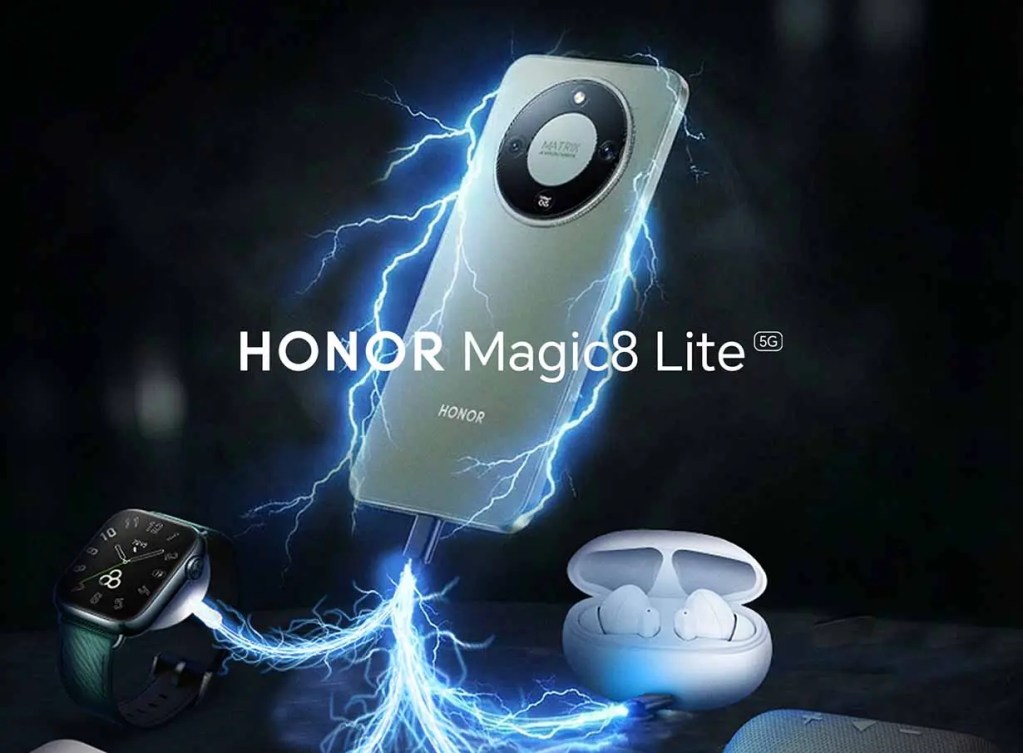 Imagen de un teléfono HONOR Magic8 Lite 5G rodeado de efectos de rayos, junto a unos auriculares y un reloj inteligente.